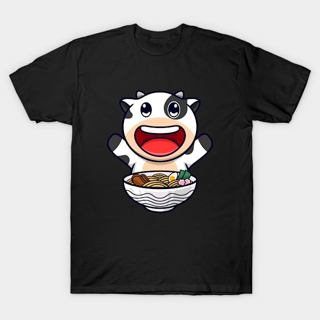 cow eating ramen noodles T-Shirt by garistipis